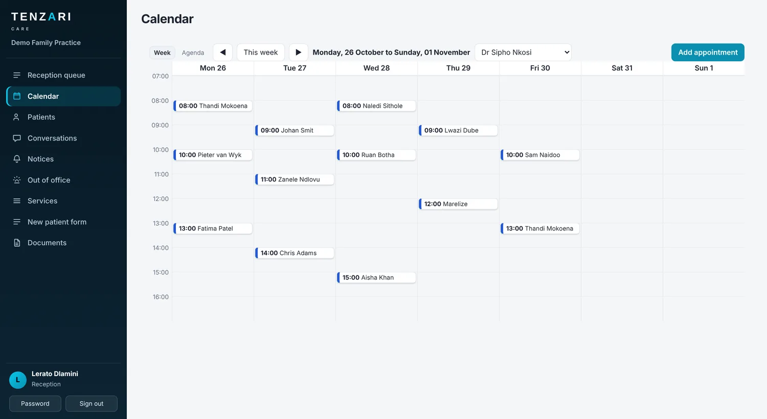Week calendar in Medigate Care showing one doctor's appointments from Monday to Friday
