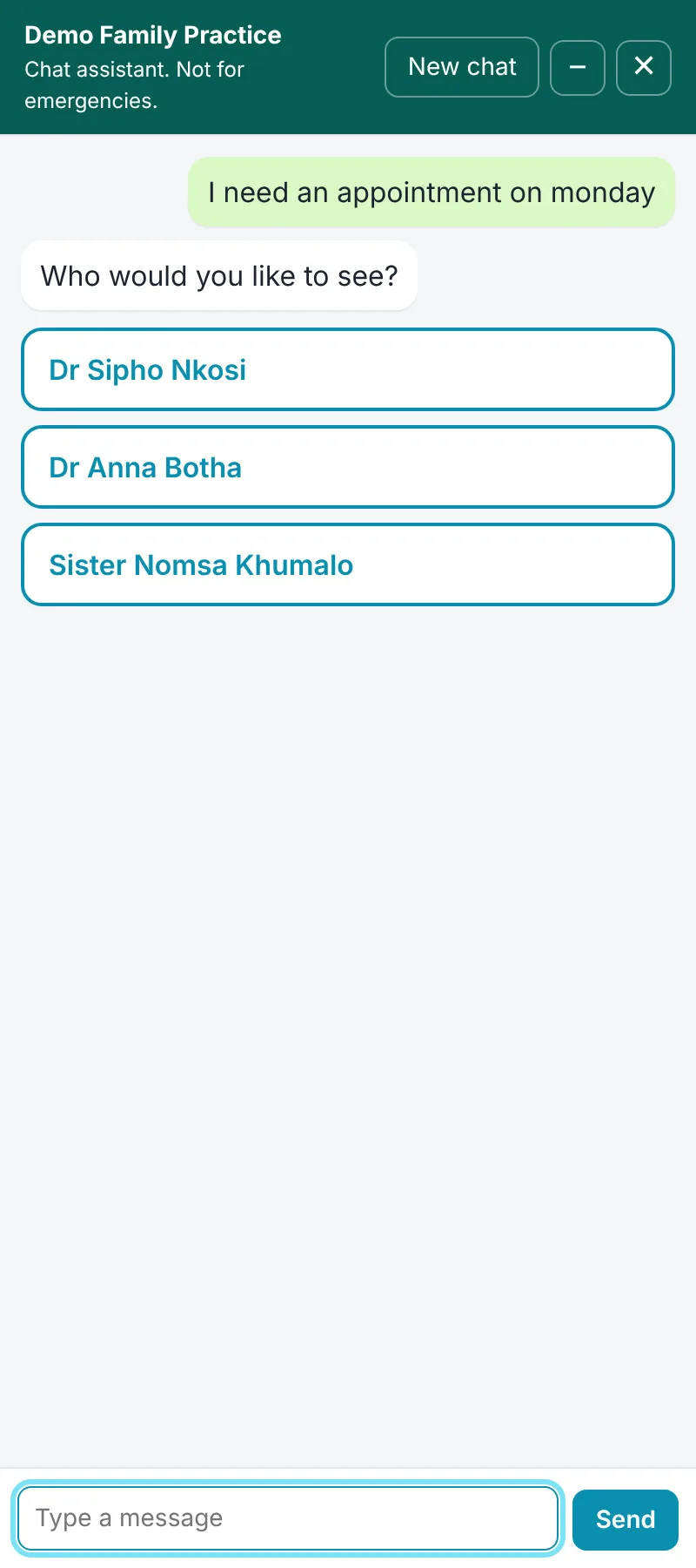 Patient chat on a phone showing a Who would you like to see question with a button for each practitioner