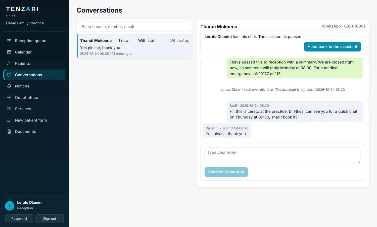Conversations screen in Medigate Care with a WhatsApp chat taken over by reception and a Hand back to the assistant button