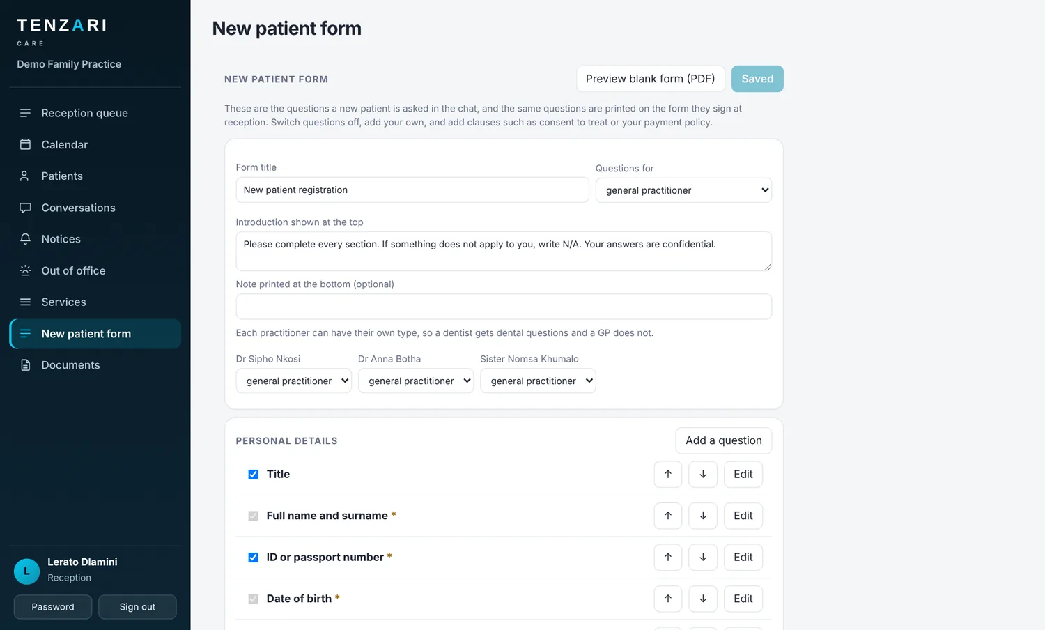 New patient form setup in Medigate Care with a list of questions that can be switched on or off