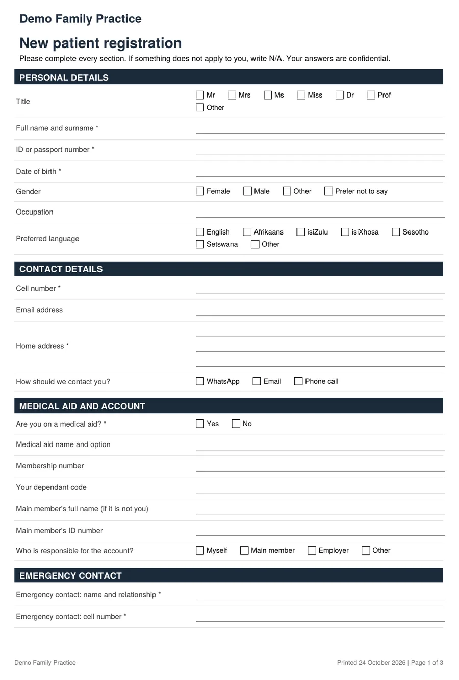 Printed new patient registration form with personal details filled in