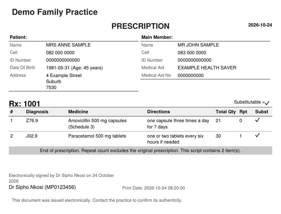 Printed prescription with patient and main member details and a table of two medicines