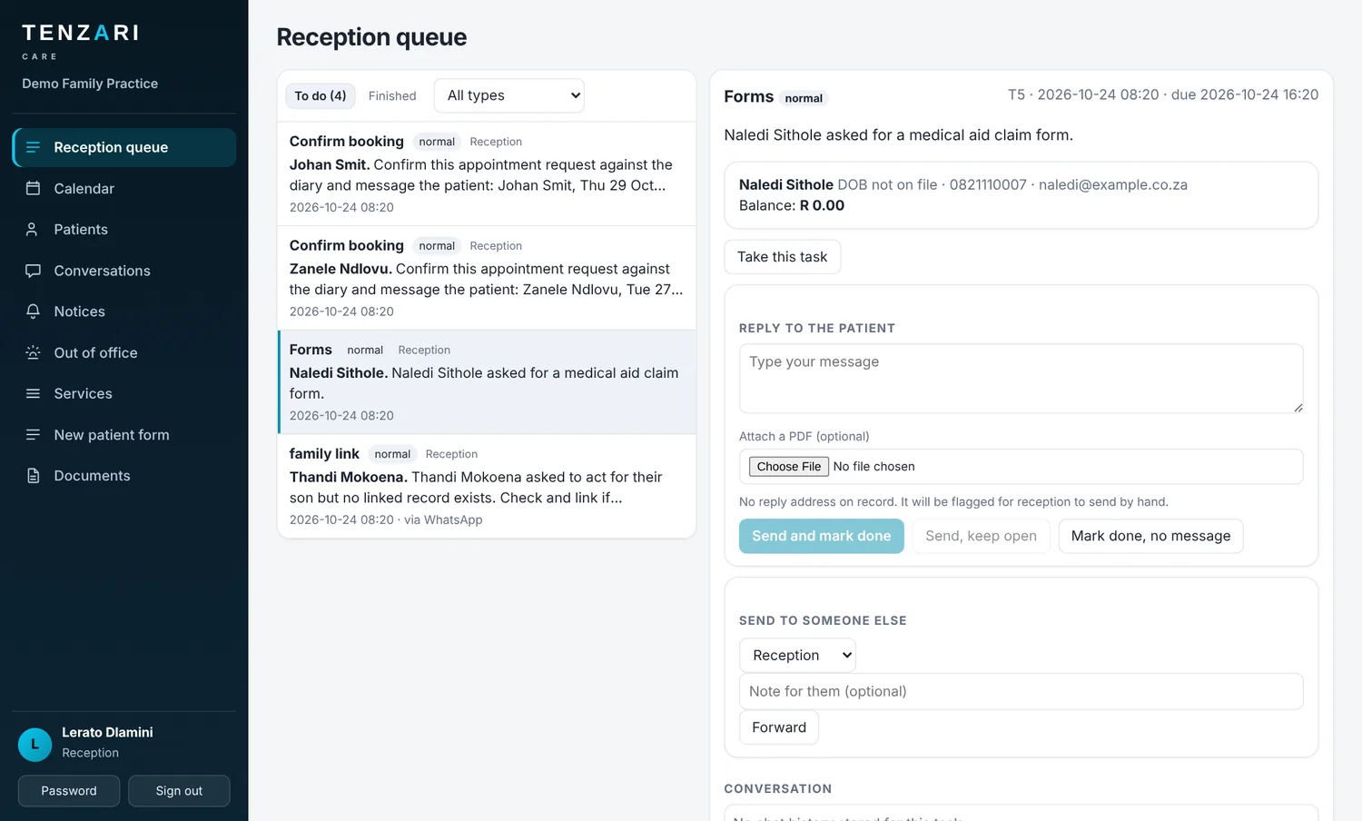 Reception queue in Medigate Care with booking requests and a live chat
